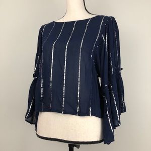 Anthropologie Floreat Crop Stripe Bell Sleeve Top Blue Silver Stripe
